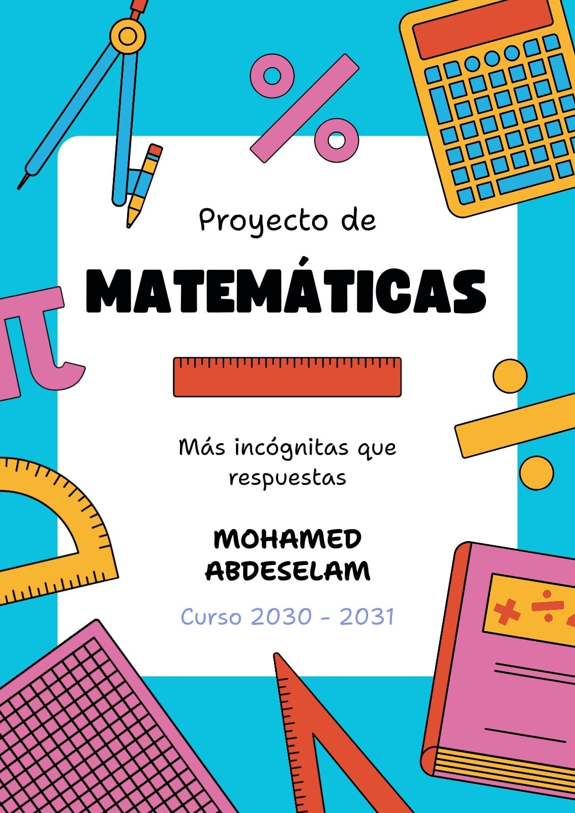 Portada de cuaderno Matemáticas Ilustrado Azul Rosa Amarillo