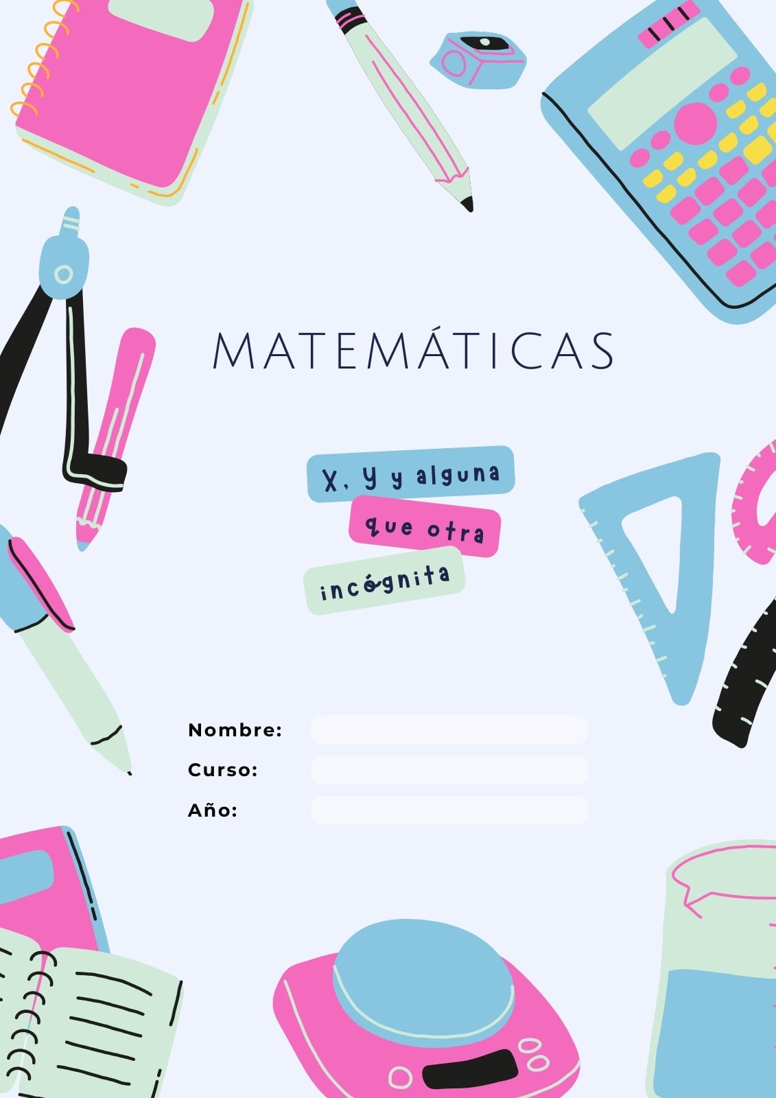 Portada de Cuaderno de Matemáticas Ilustrativa Azul Rosa y Verde