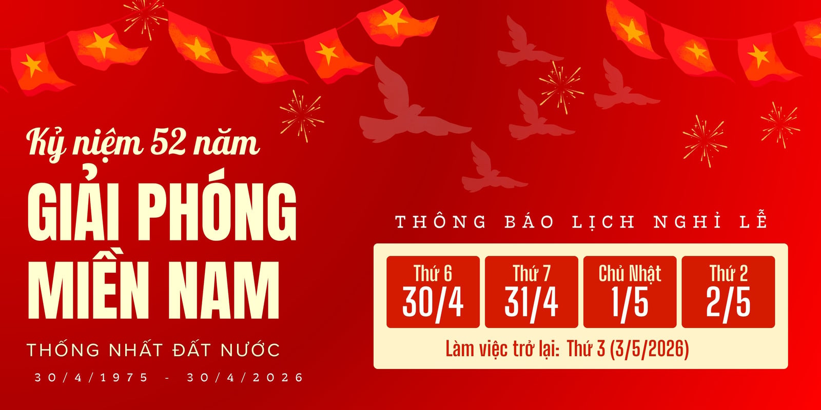 Mẫu banner thông báo nghỉ lễ 30/4 đỏ trắng Mẫu banner thông báo nghỉ lễ 30/4 đỏ trắng