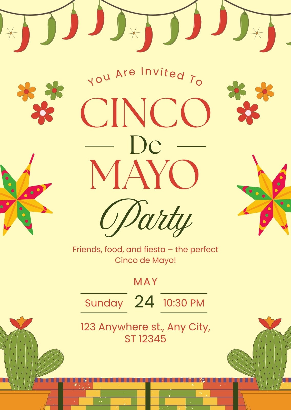 Red Green Illustrative Cinco De Mayo party Invitation