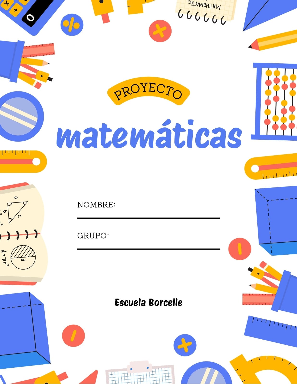 Portada para cuaderno de matemáticas Escolar Ilustrado Azul Naranja