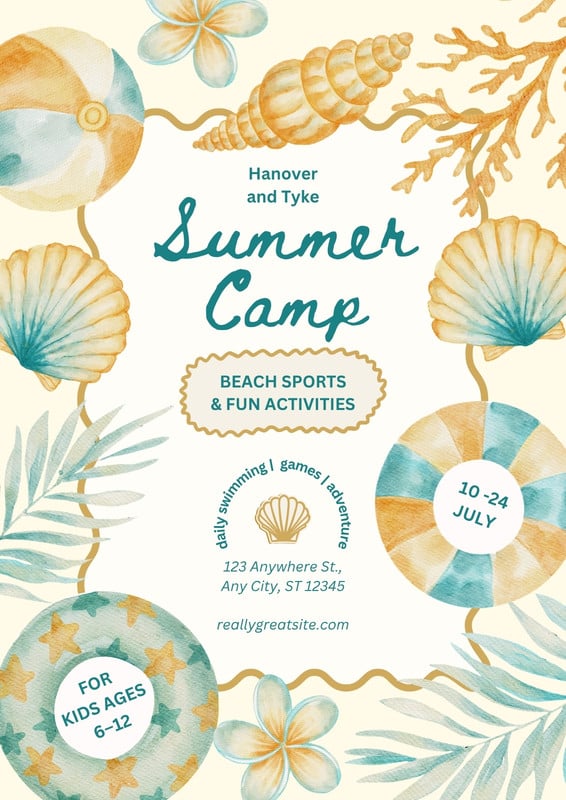 Watercolor Beach Summer Camp Flyer Canva template, blue and orange