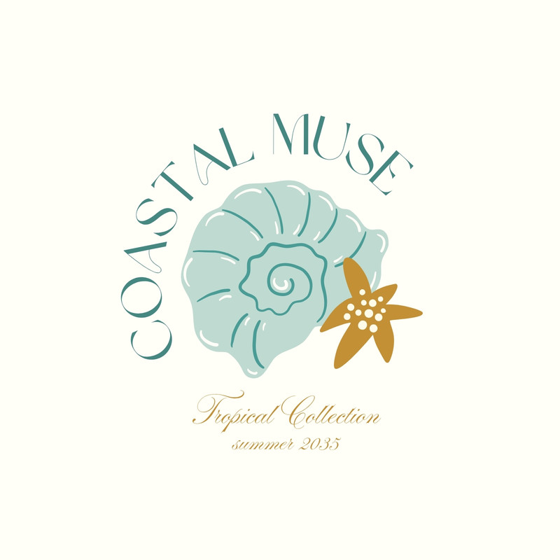 Elegant Seashell Coastal Summer Logo Canva template, teal and beige