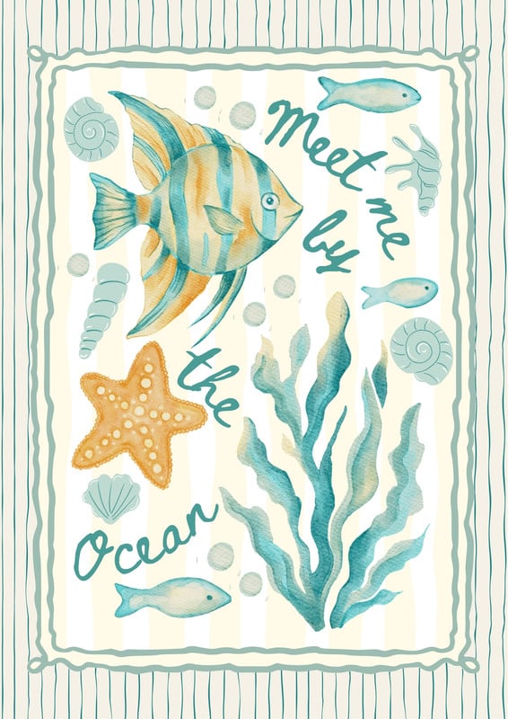 Vintage Watercolor Ocean Quote Marine Poster Canva template, blue and yellow