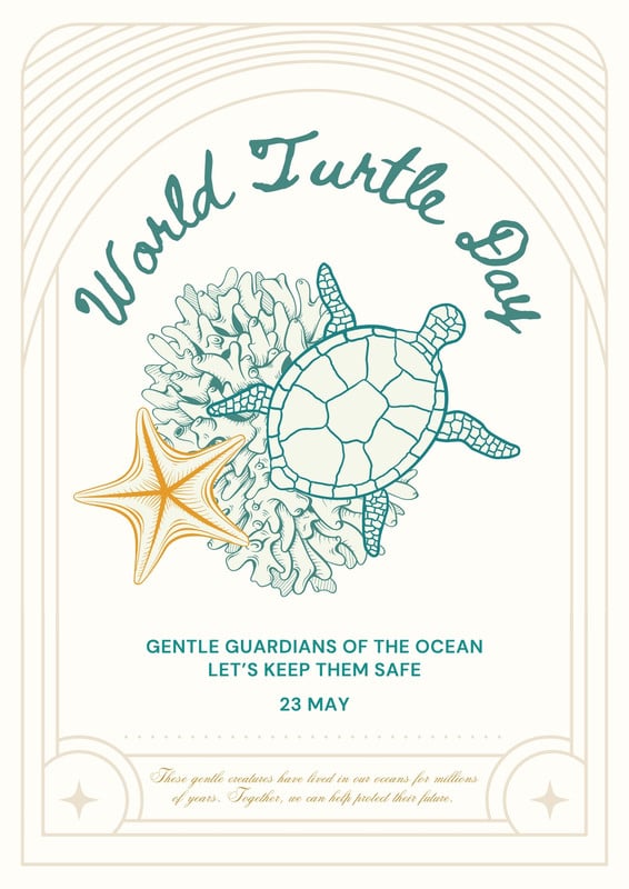 Vintage Illustrated Ocean Sea World Turtle Day Poster Canva template, teal and orange