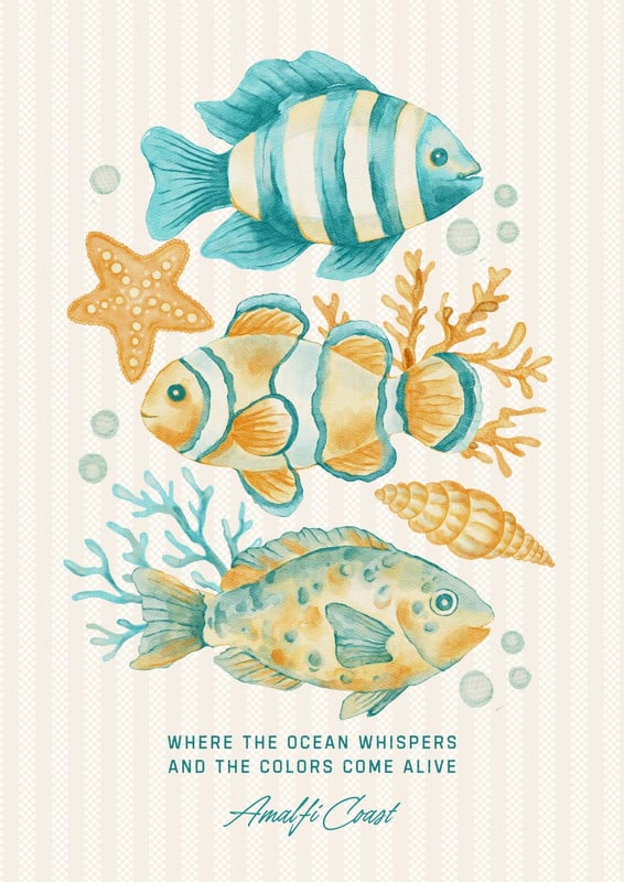 Watercolor Sea Marine Coastal Summer Poster Canva template, blue and orange