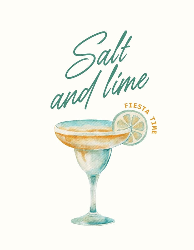 Illustrated Watercolor Margarita Cocktail Summer T-Shirt Canva template, teal and orange