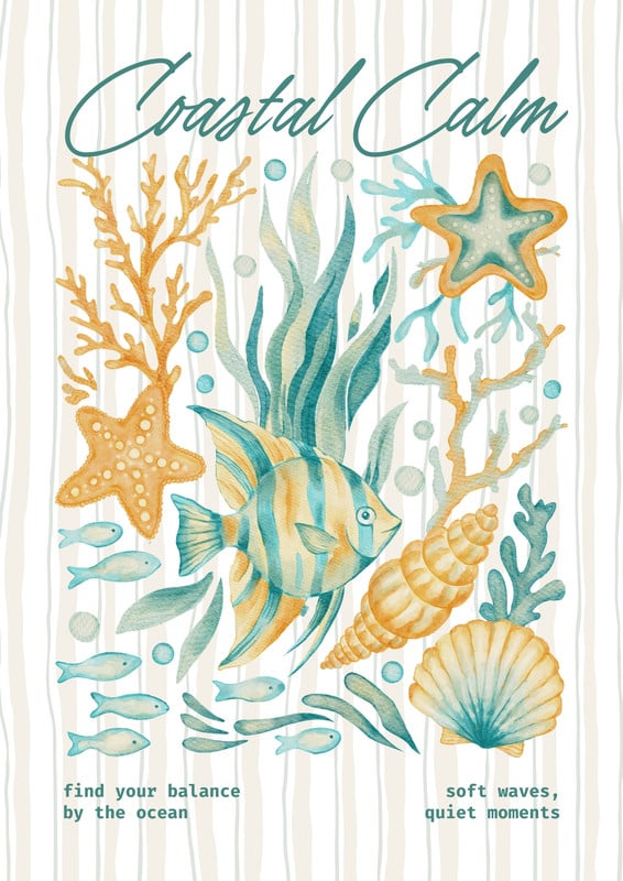 Watercolor Sea Ocean Coastal Summer Poster Canva template, teal and orange