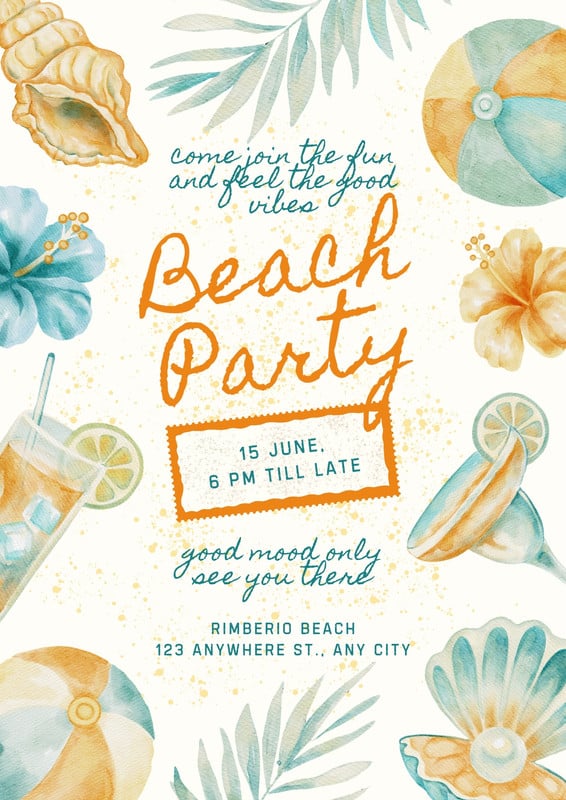 Watercolor Vintage Whimsical Beach Party Poster Canva template, blue and orange