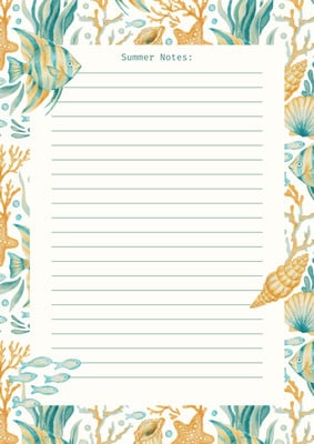 Watercolor Whimsical Summer Page Border Notes A4 Document Canva template, teal and orange