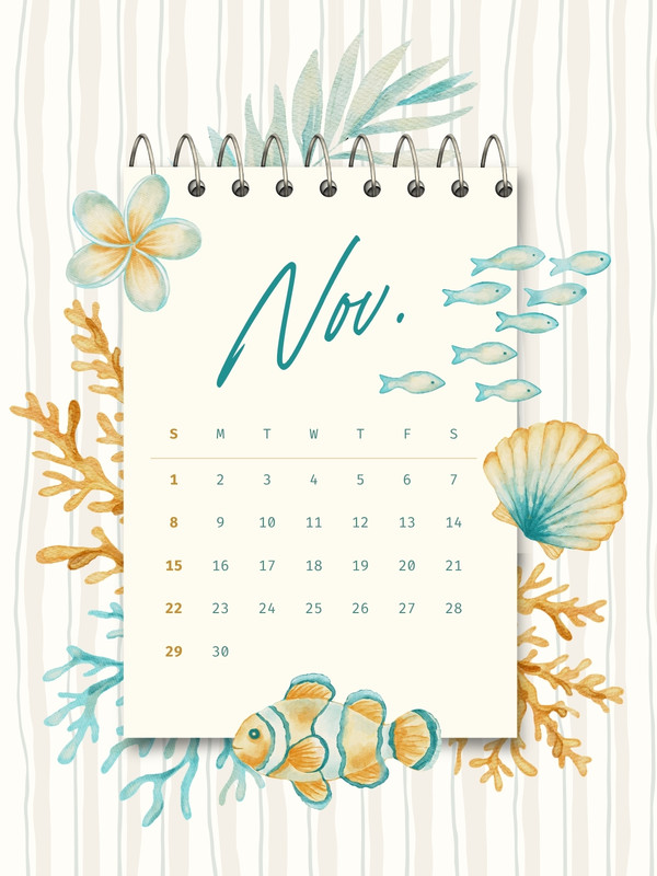 Watercolor Whimsical November 2026 Calendar Summer Instagram Post Canva template, blue and orange