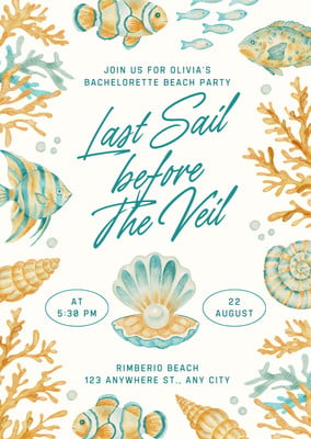 Watercolor Bachelorette Tropical Beach Party Invitation Canva template, blue and orange