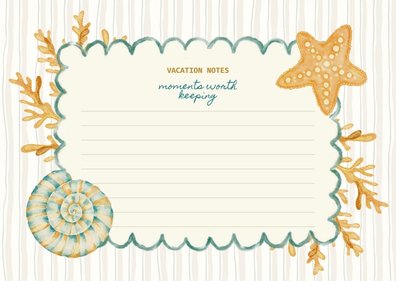 Vintage Vacation Travel Note Card Canva template, blue and yellow