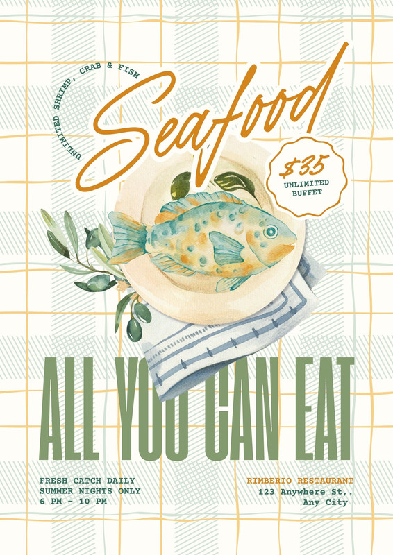 Illustrated Seafood All You Can Eat Restaurant Poster Canva template, green and orange