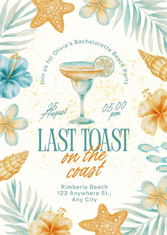 Watercolor Beach Bachelorette Party Bridal Shower Invitation Canva template, teal and orange
