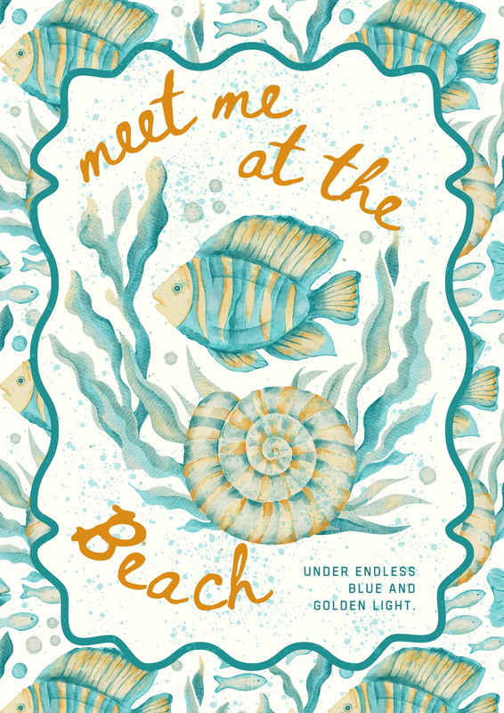 Illustrated Whimsical Nautical Sea Beach Quote Poster Canva template, teal and orange