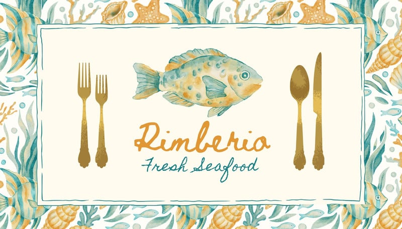 Illustrated Seafood Restaurant Business Card Canva template, teal and orange