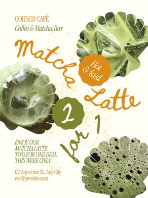 Modern Photo Collage Matcha Latte Cafe Sale Poster Canva template, green and orange