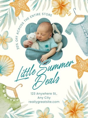 Playful Baby Kids Shop Sale Summer Instagram Post Canva template, blue, orange and white