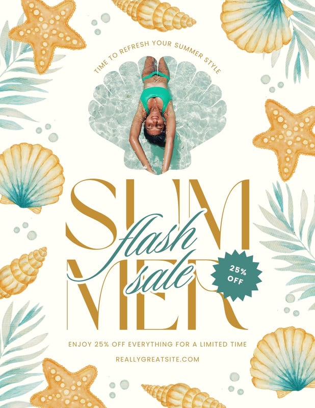 Modern Summer Flash Sale Flyer Canva template, teal and orange