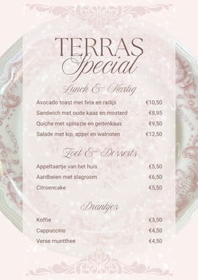 Classic Vintage Terrace Cafe A4 Menu Canva template, pink and white