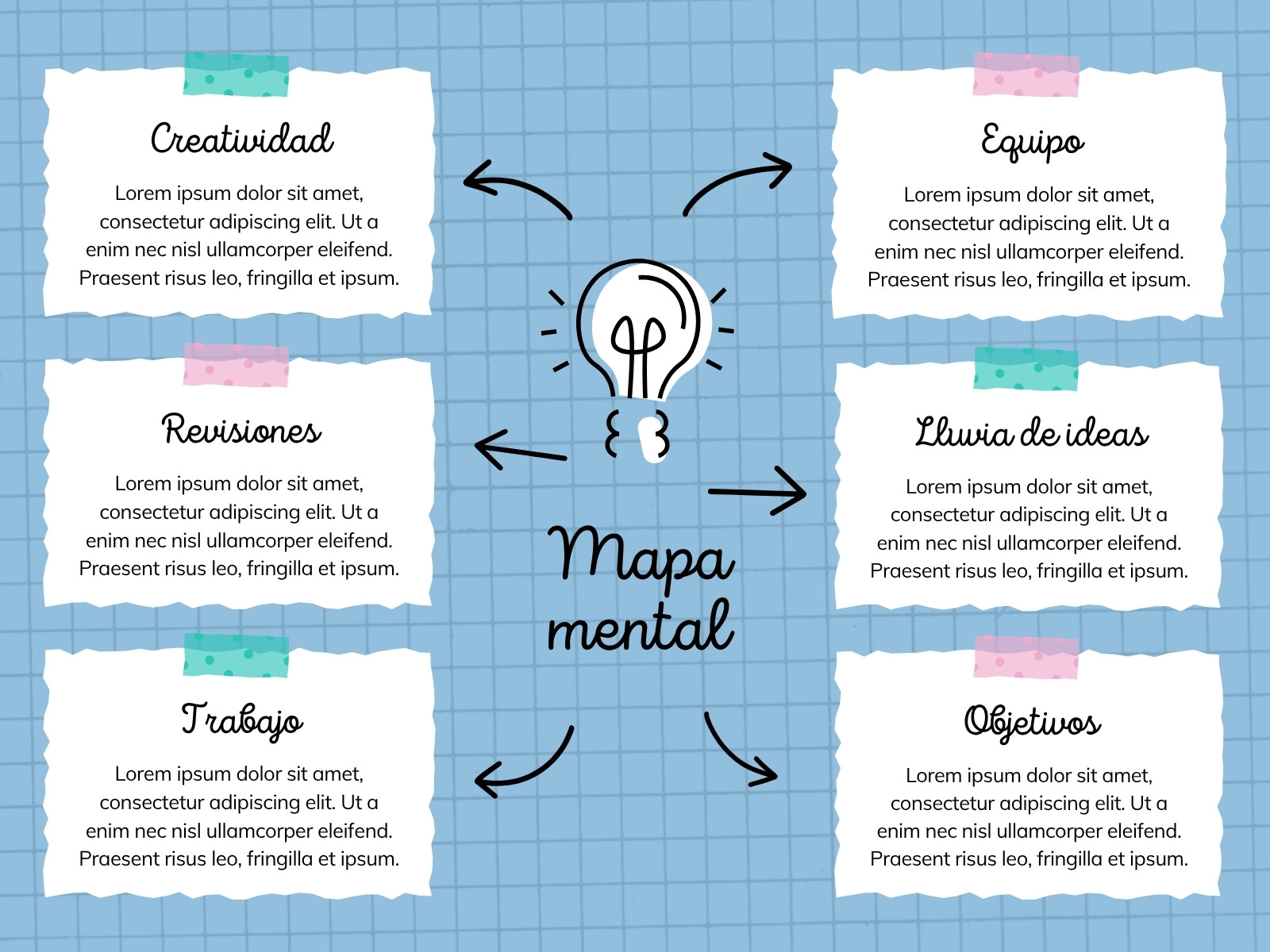 Gráfico Mapa Mental Esquema Seis Ideas Notas Papel Bonito Azul