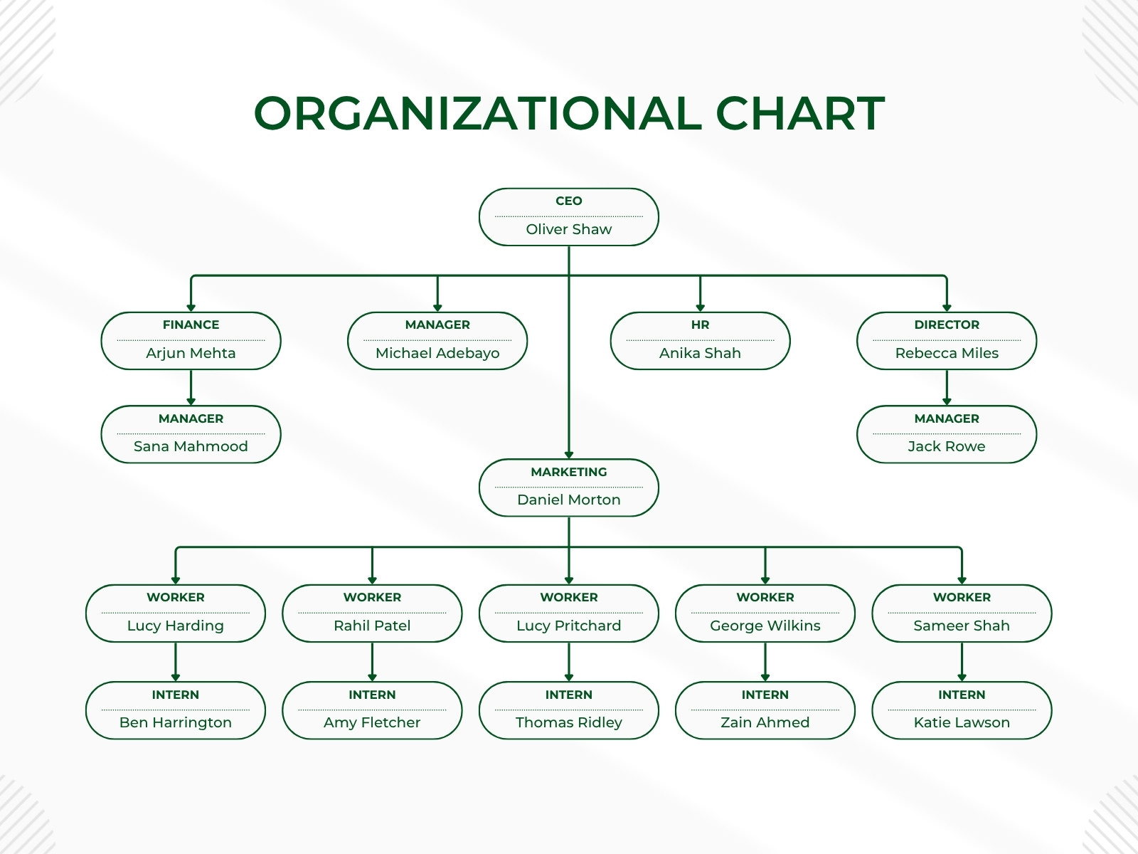 Green and White Minimalist Organizational Chart Graph
