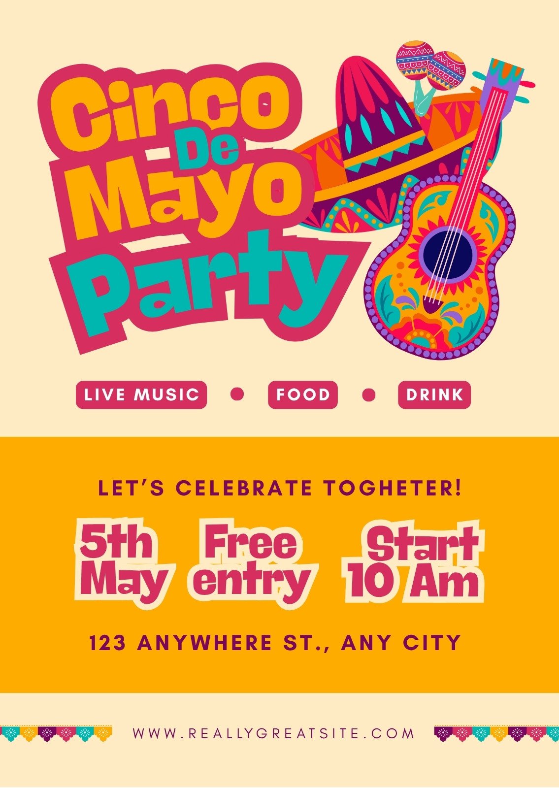 Yellow and Pink Ilustrated Cinco de mayo Party Invitation