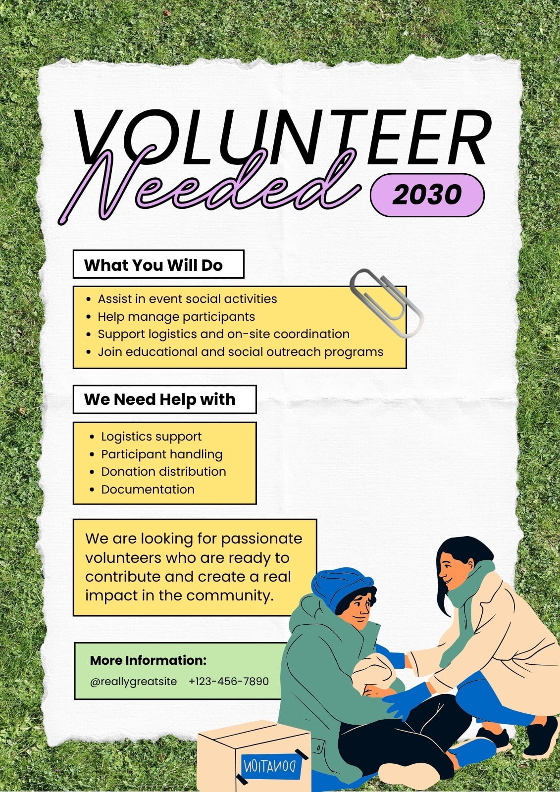 Green and Purple Illustrated Volunteer Needed Poster
