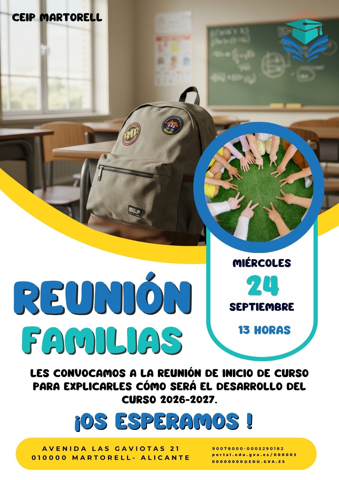 Cartel A3 vertical reunión inicio de curso ilustrativo colorido