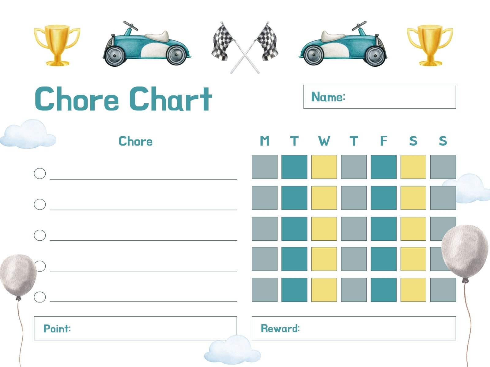 Teal and Yellows Simple Children's Chore Chart Graph