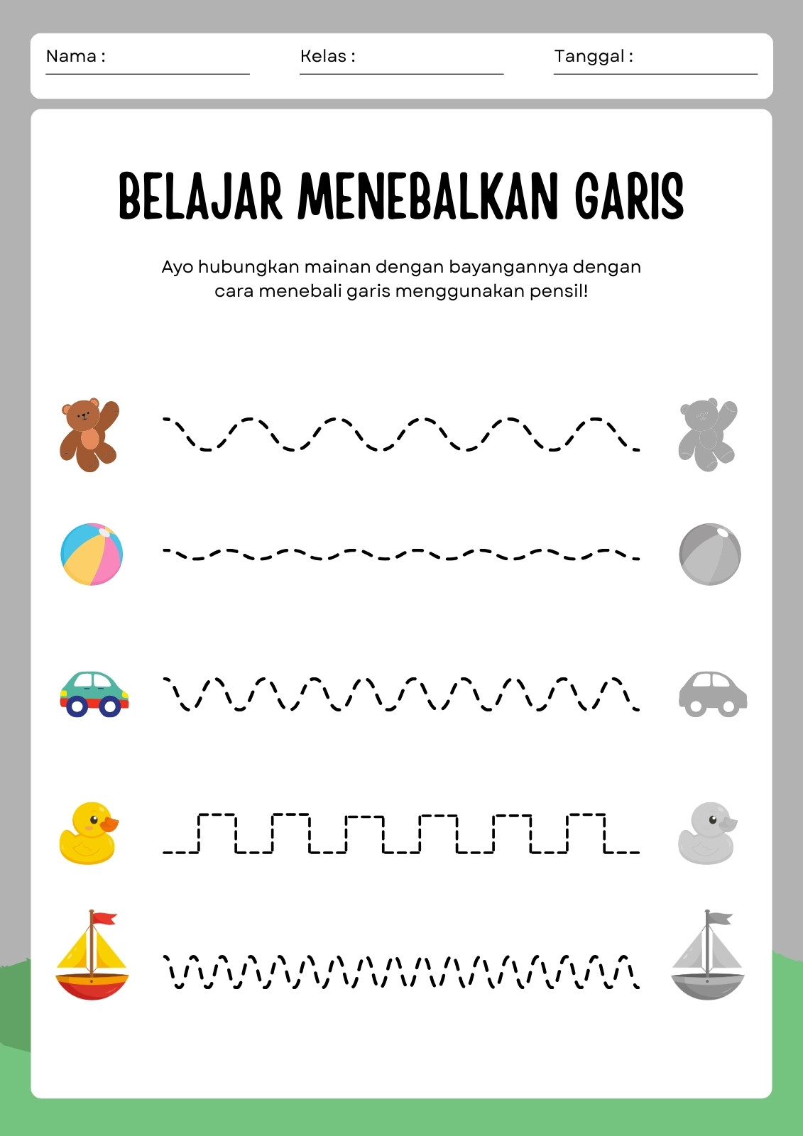Lembar Kerja Menebalkan Garis dalam Gaya Ilustrasi Warna-Warni