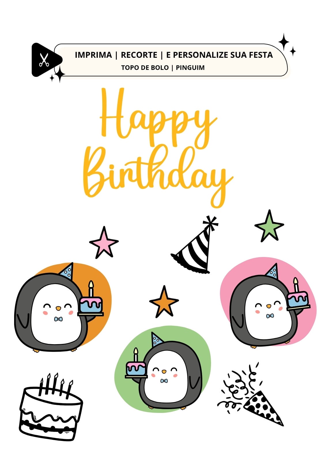 Topo de bolo personalizado para festa com tema pinguim ilustrado colorido