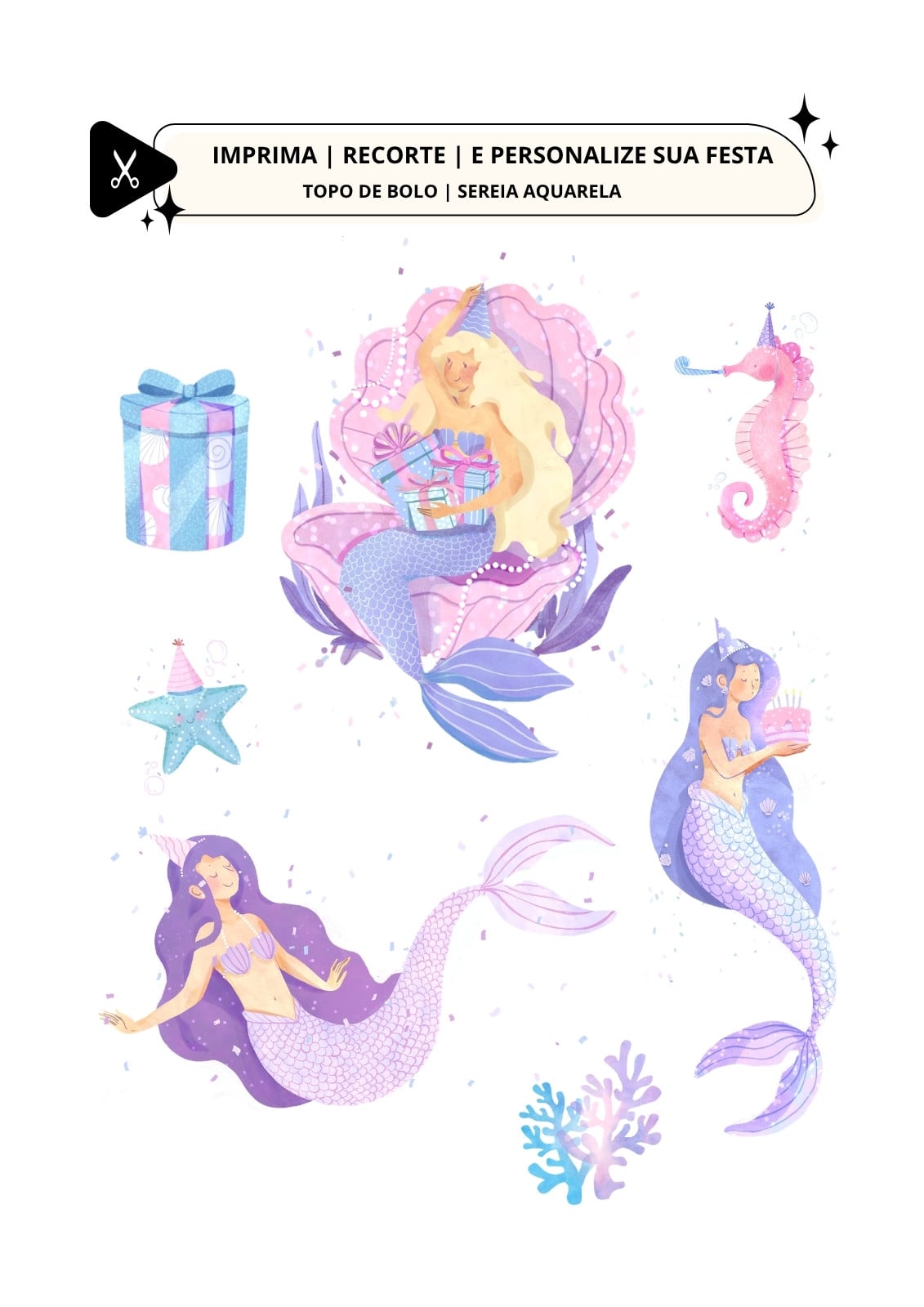 Topo de bolo com tema sereia aquarela lilás e rosa