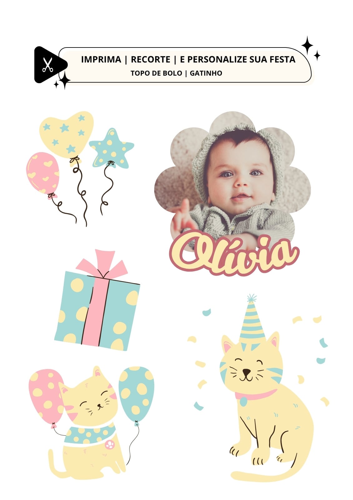 Topo de bolo para aniversário tema gatinho