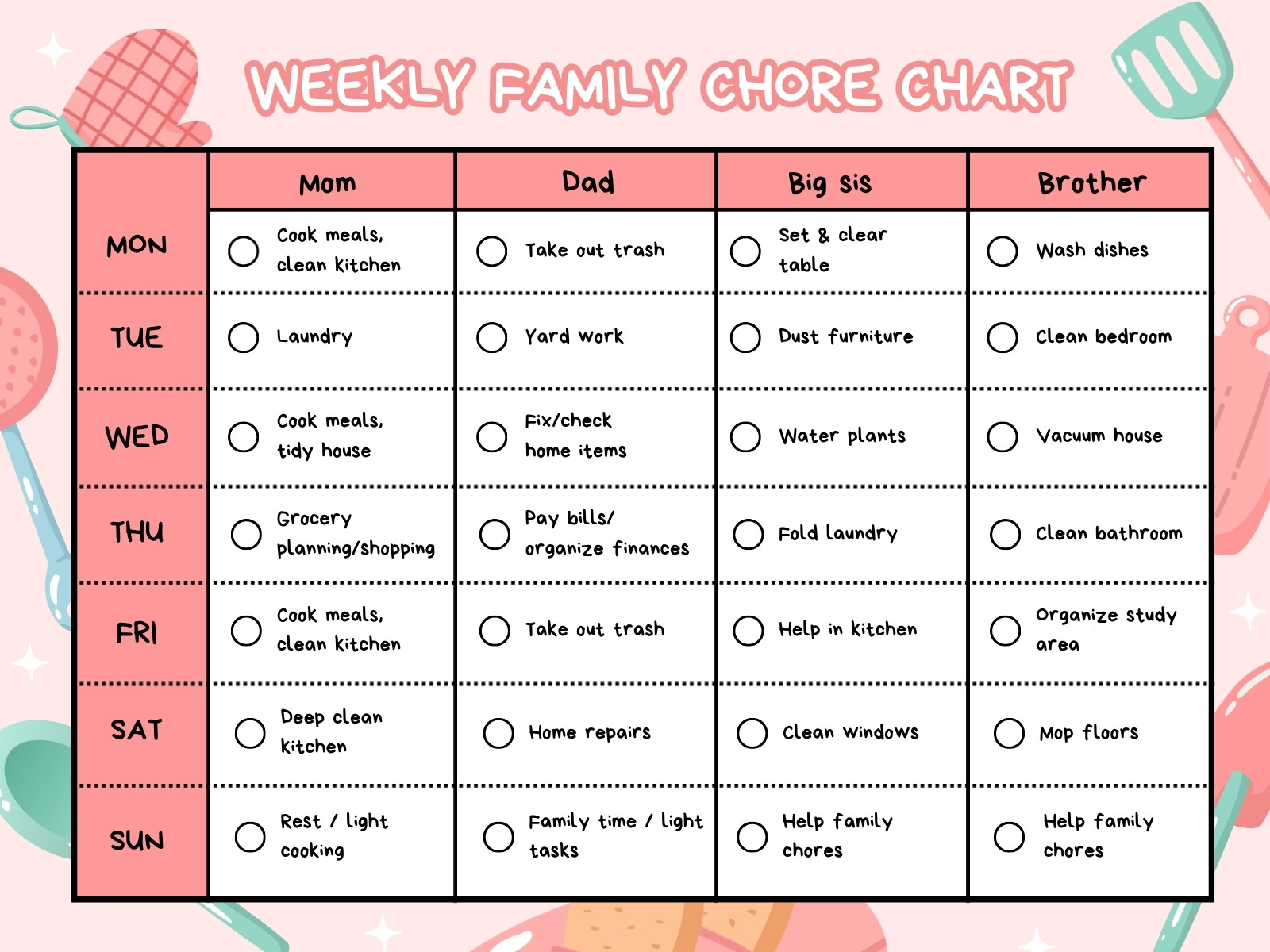 Pink Playful Weekly Family Chore Chart Graph