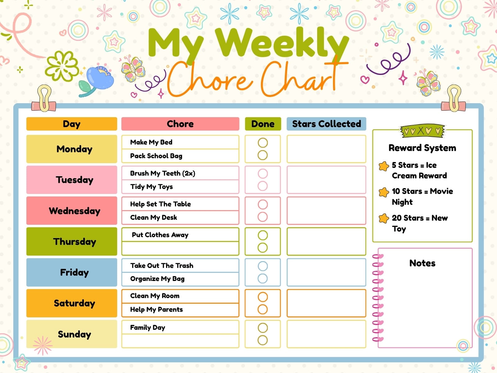 Yellow and Green Playful Weekly Chore Chart Graph