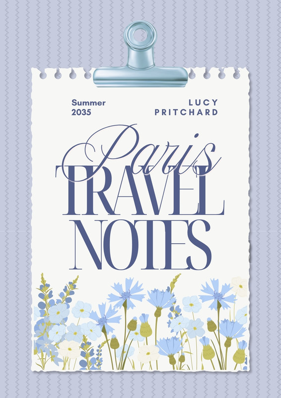 Soft Blue Pastel Paris Travel Notes Magazine Cover Page Magazine Cover Canva template