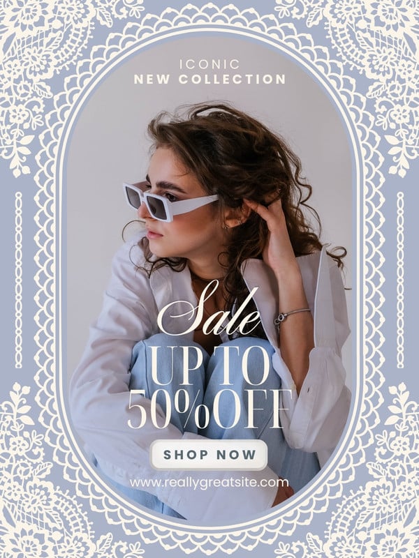 Elegant Vintage Lace Fashion Sale Instagram Post Canva template, blue and white