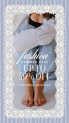 Vintage Elegant Lace Photo Frame Fashion Sale Instagram Story Canva template, blue and white