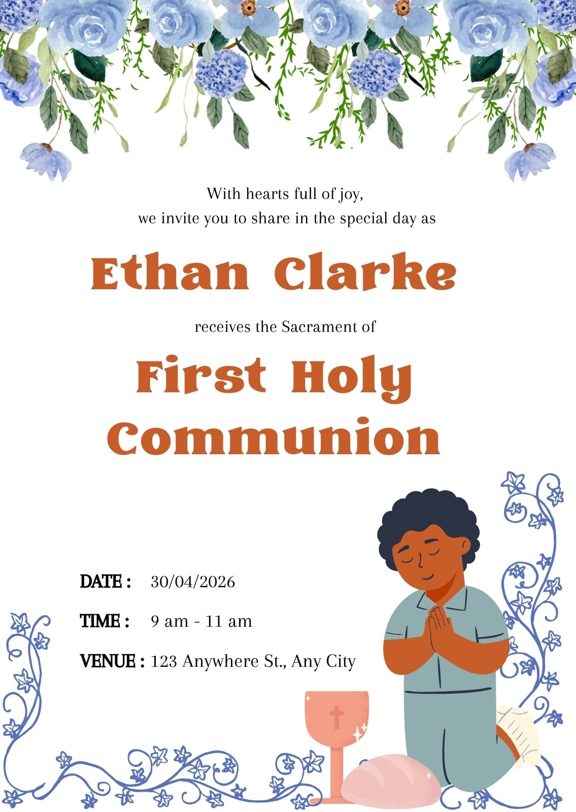 first holy communion invitation card editable Fall Greenery Holy Communion Invitation Template, Printable Pumpkin In