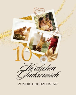 Elegant Anniversary WhatsApp Card Canva template, gold, white and beige