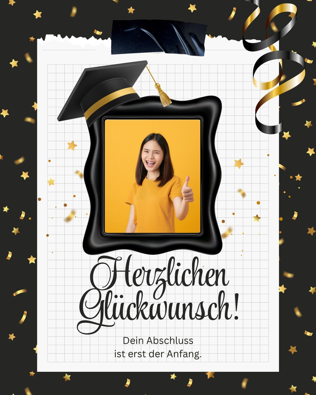 Luxury Elegant Photo Graduation WhatsApp Card Canva template, black and gold