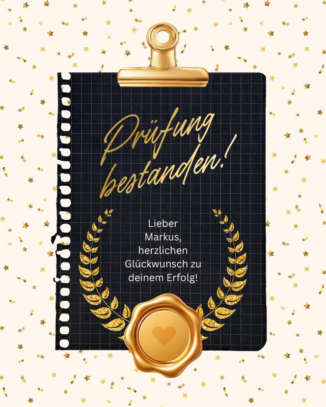 Exam Passed Graduation WhatsApp Card Canva template, gold, black and white