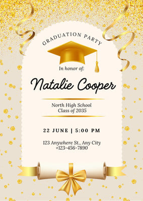 Elegant High School Graduation Invitation Canva template, gold and beige