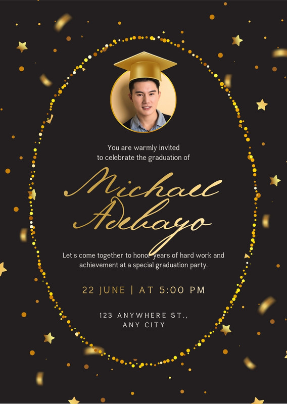 Elegant Festive Graduation Invitation Canva template, black and gold