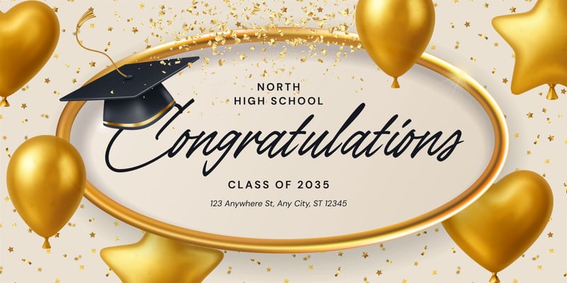 Elegant Festive Congratulations Graduation Banner Canva template, gold and beige