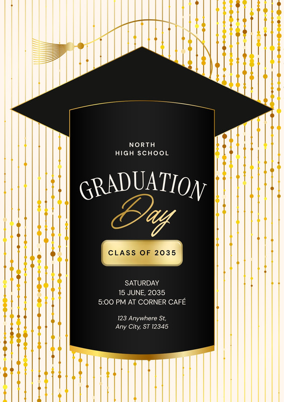 Elegant Festive Graduation Day Poster Canva template, black and gold