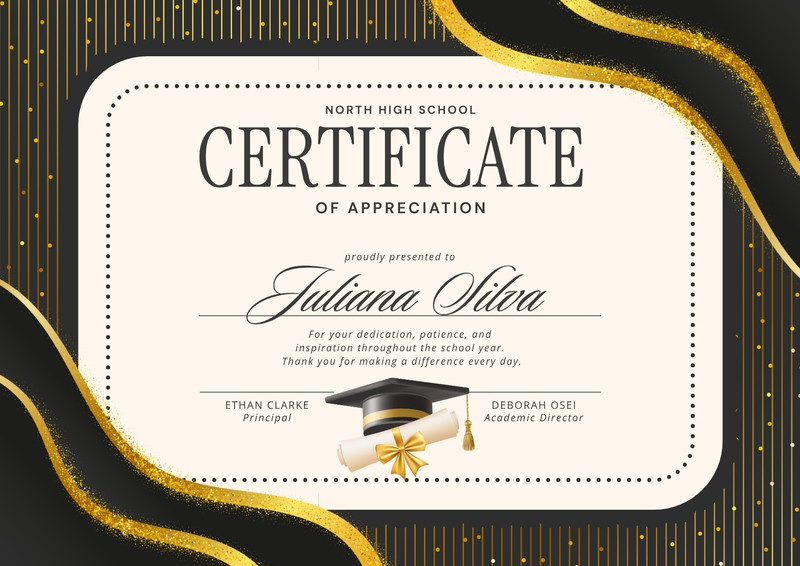 Elegant Festive School Appreciation Certificate Canva template, black and gold