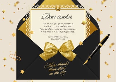 Elegant Luxury Festive Teacher Thank You Card Canva template, gold and black